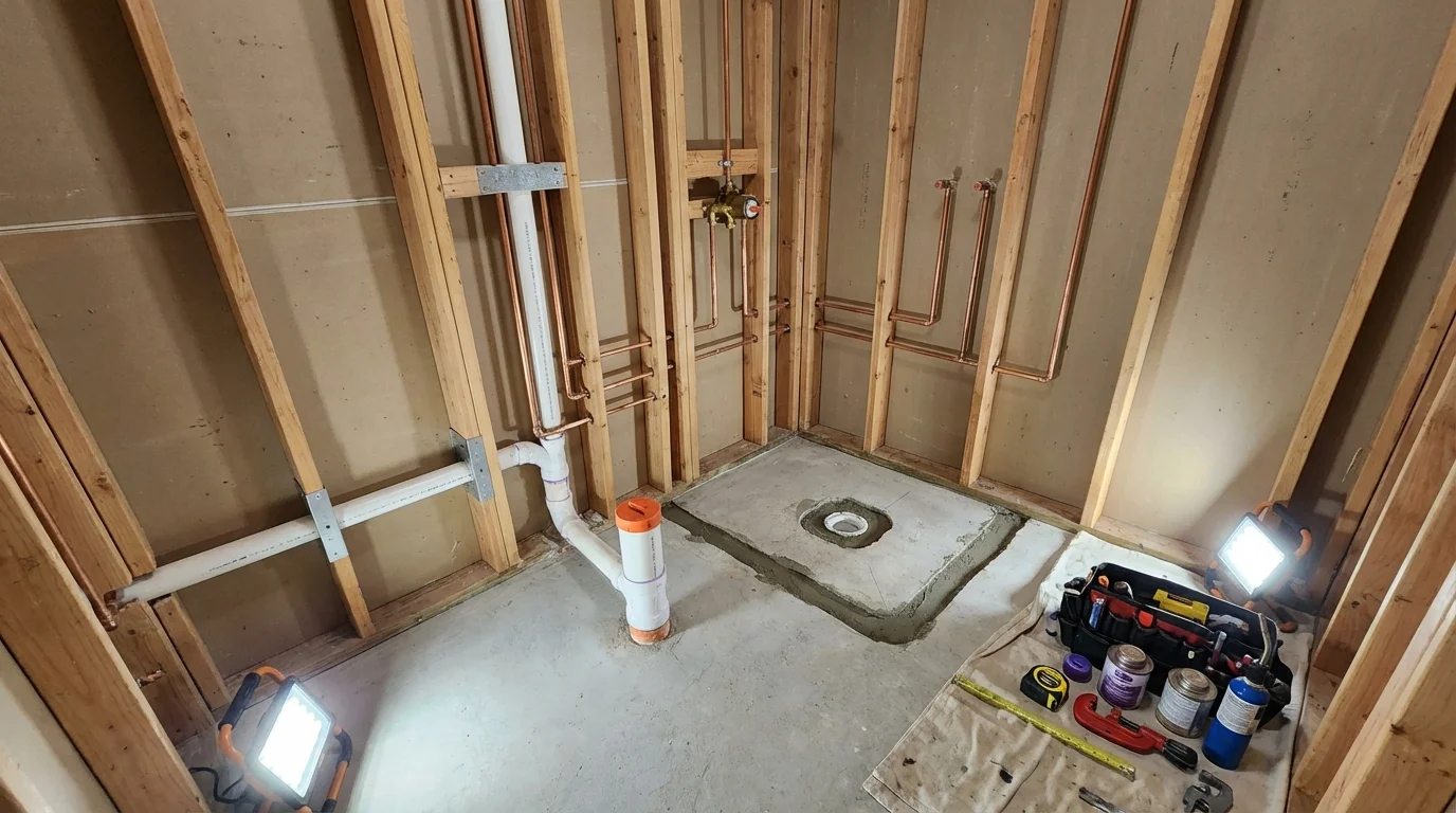 Bathroom rough-in plumbing during remodel by Johns Plumbing LLC in Brandon