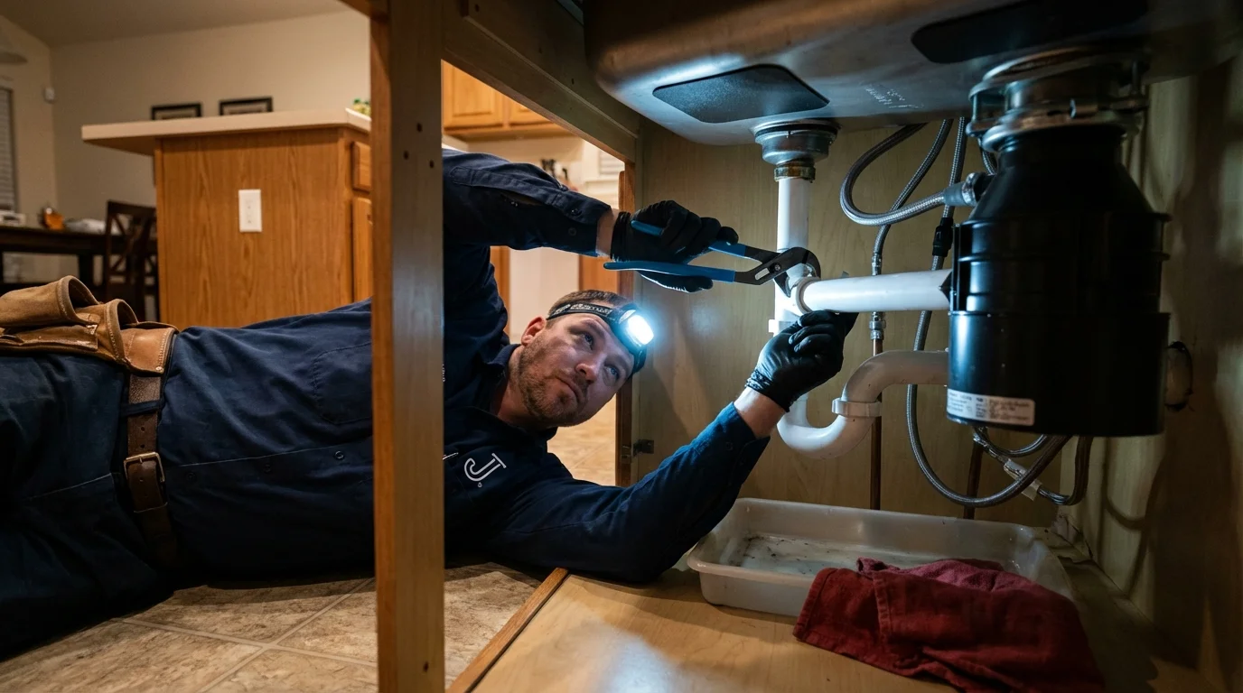 P-trap and supply line connections under a kitchen sink showing a common leak point in Brandon, FL